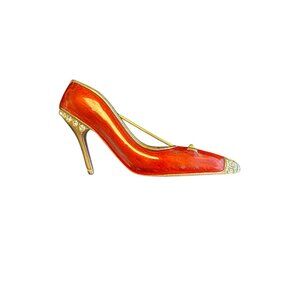 Vintage Rhinestone Red High Heel Shoe Brooch Pin Gold Tone Metal Elegant Jewelry